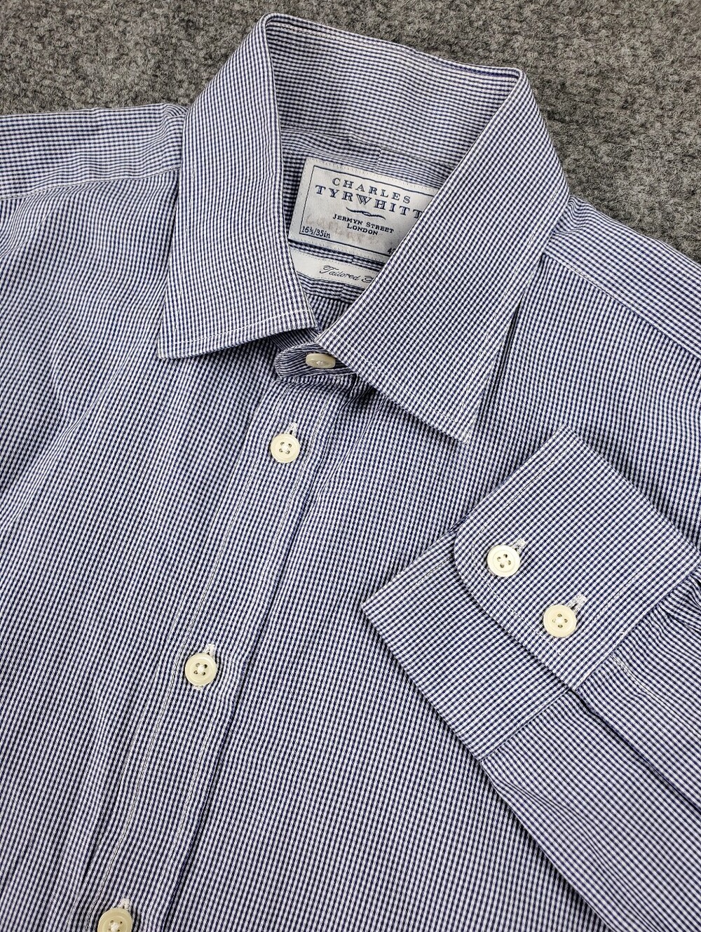 Charles Tyrwhitt Gingham Dress Shirt 16.5 35 Tailored Navy White Business Casual